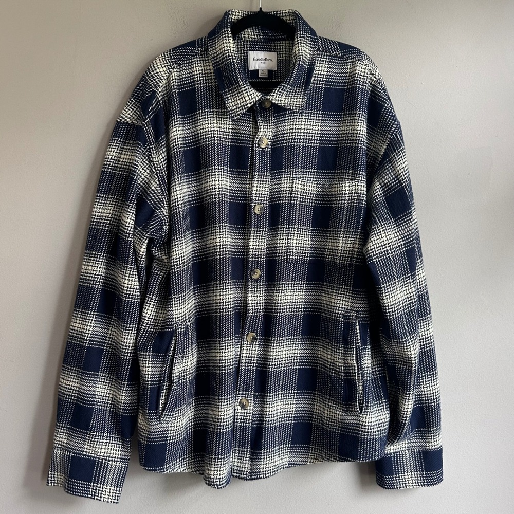 Goodfellow & Co Mens XL Navy Blue White Plaid Cotton Button Down Shirt Jacket